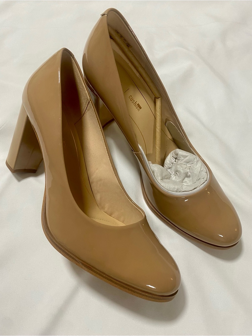 Clarks Nude Patent Block Heel Pumps